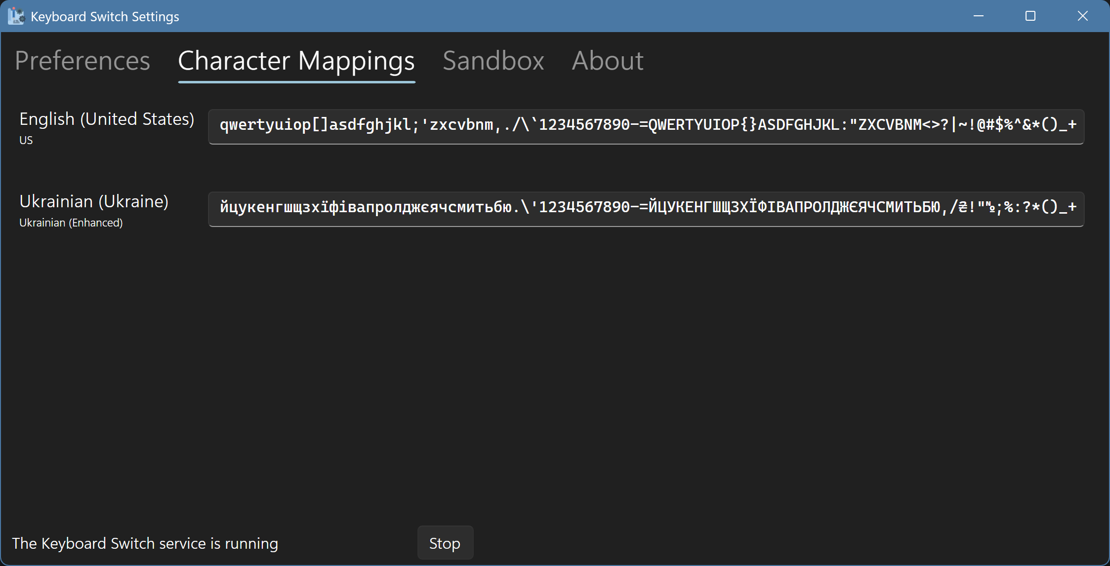 The character mappings tab