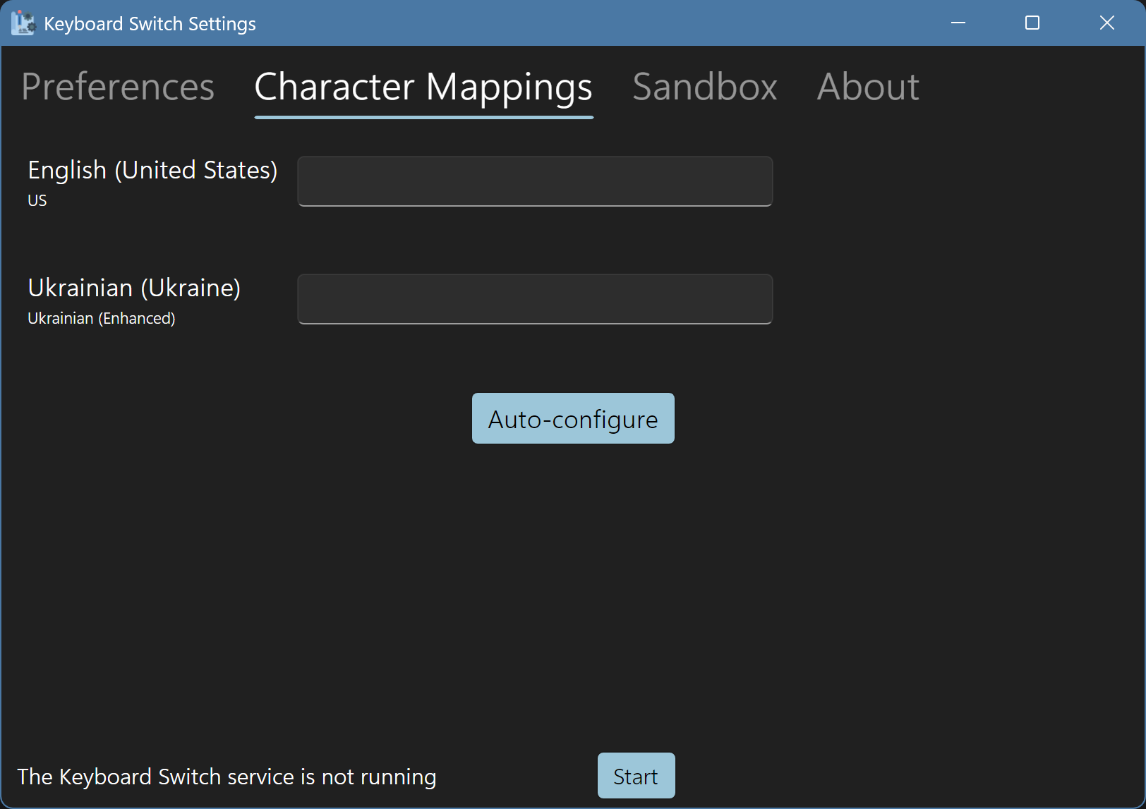 The character mapping tab when the configuration is empty